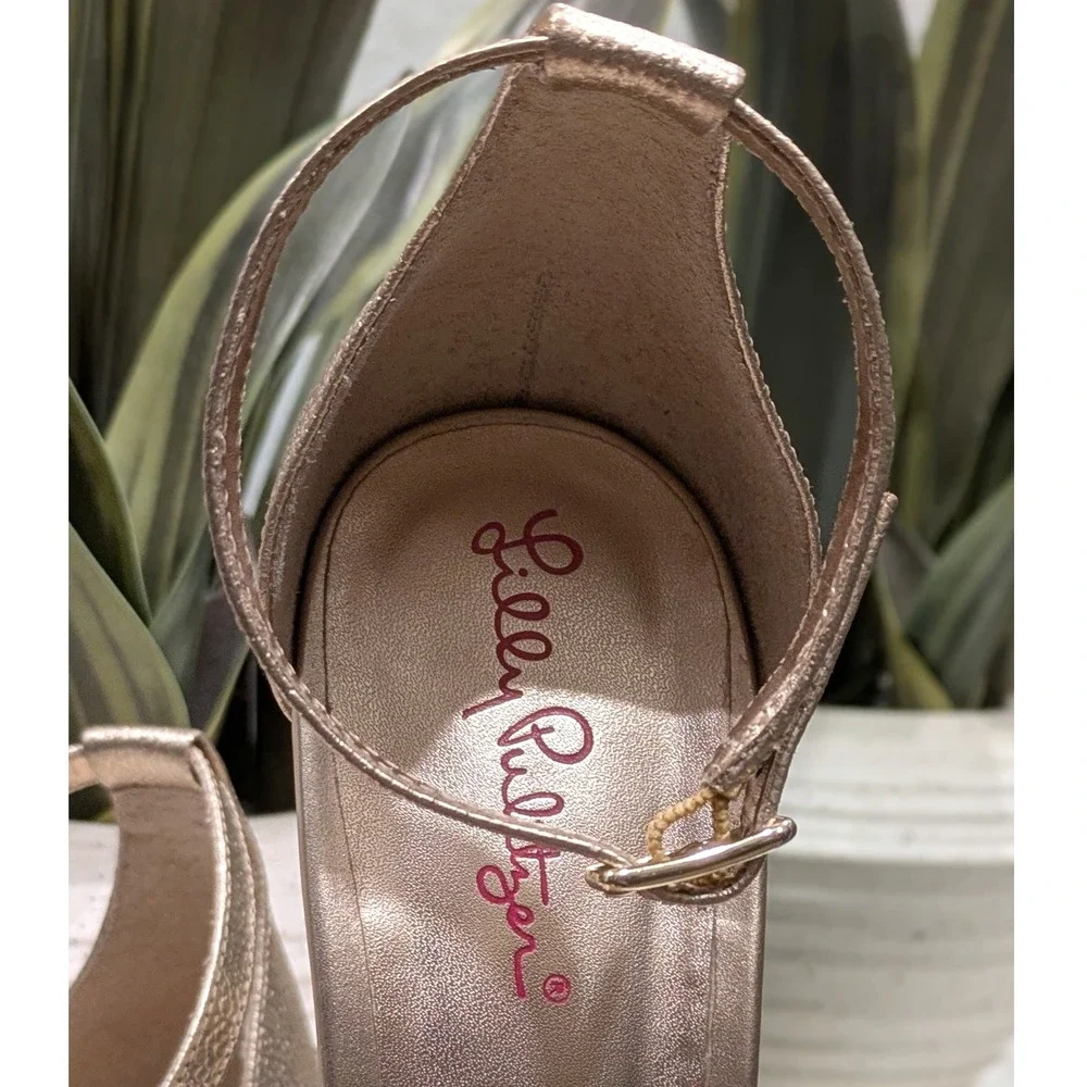 Lilly Pulitzer Bridgette Wedge Gold Metallic Sandals Sz 9M Resort Coastal Heels